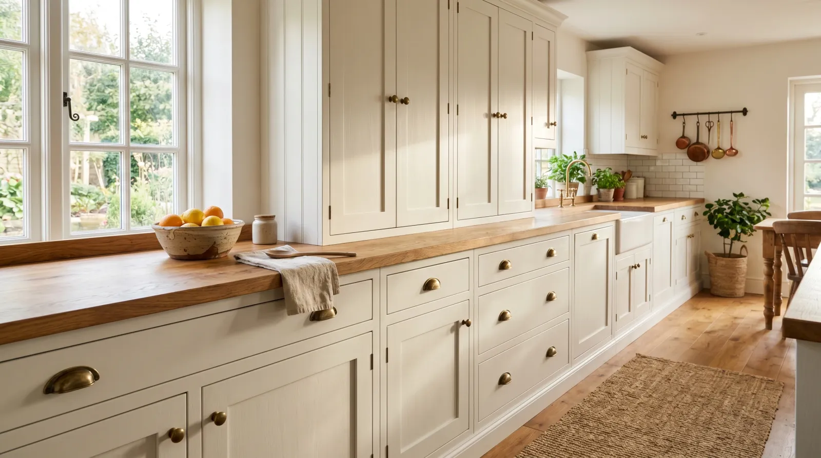 Bright farmhouse kitchen with freshly repainted warm-white cabinets, brass pulls, and oak counter in soft morning light