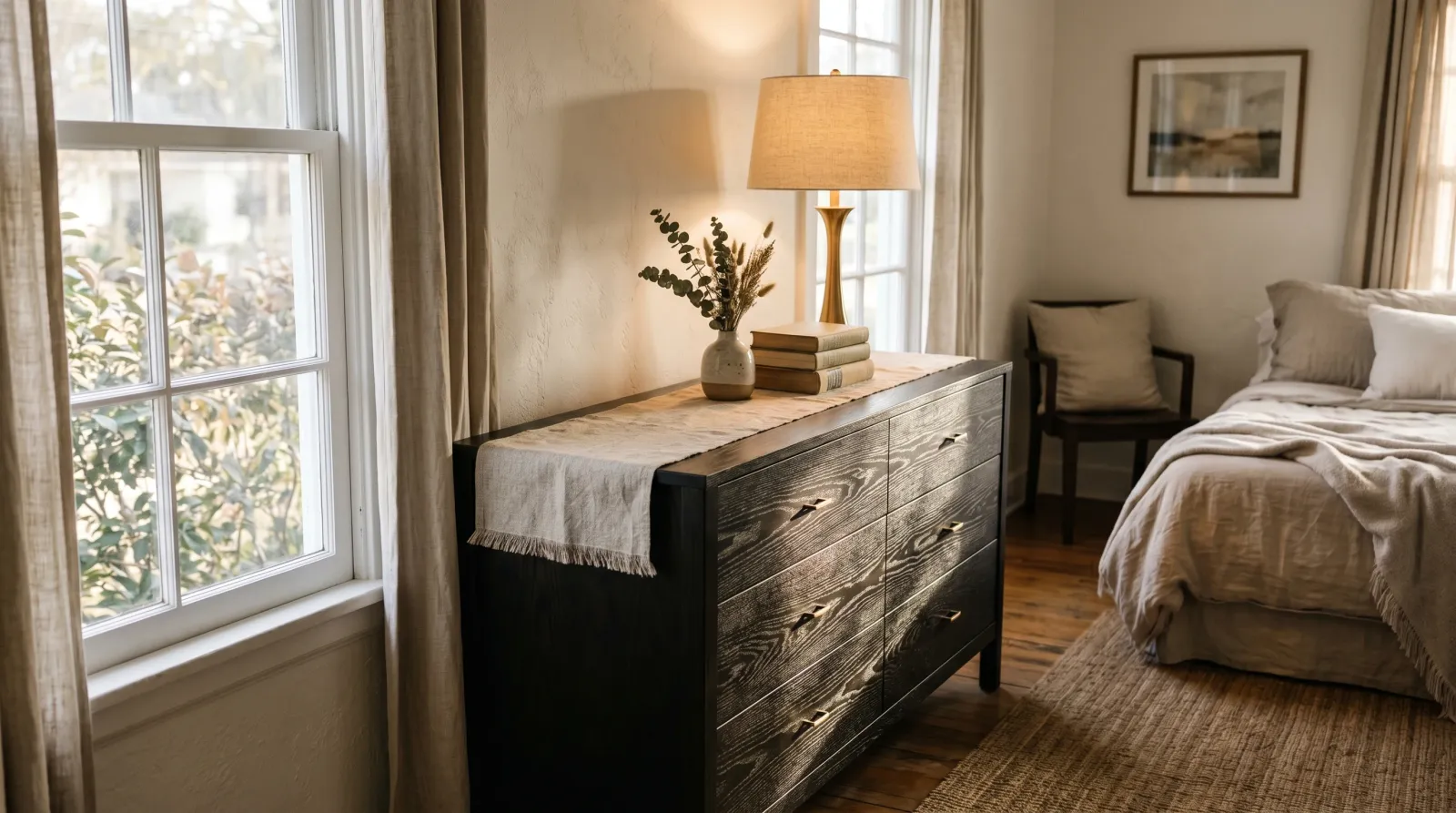 Near-black oak dresser with the grain still visible, in soft morning light against a pale wall, brass lamp and linen runner on top