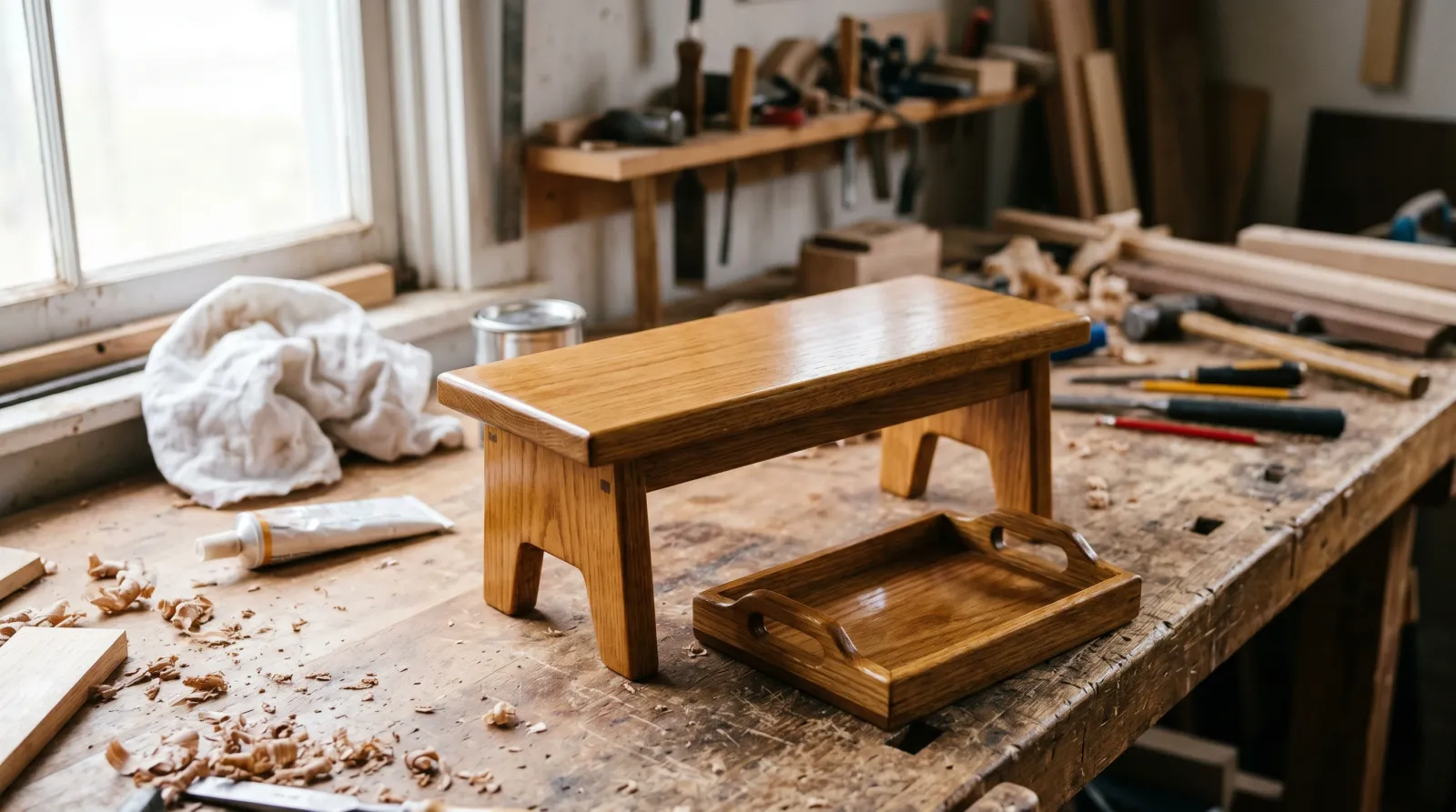 A small freshly stained wooden bench and tray with a soft satin glow on a sunlit workshop table