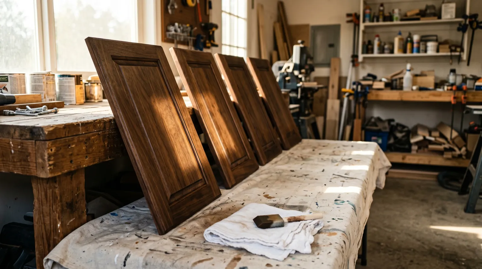 Freshly refinished dark-walnut cabinet doors leaning to dry in a sunlit workshop, with a rag and foam applicator on a drop cloth in the foreground