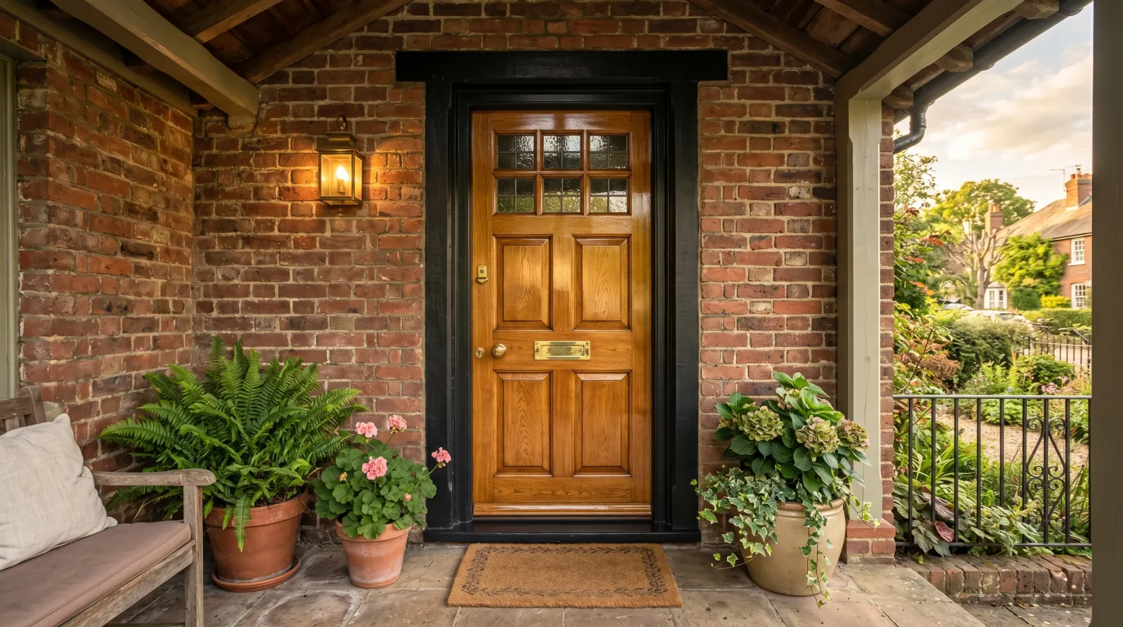 Freshly varnished wood front door on a covered porch catching soft afternoon light, brass handle and brick surround