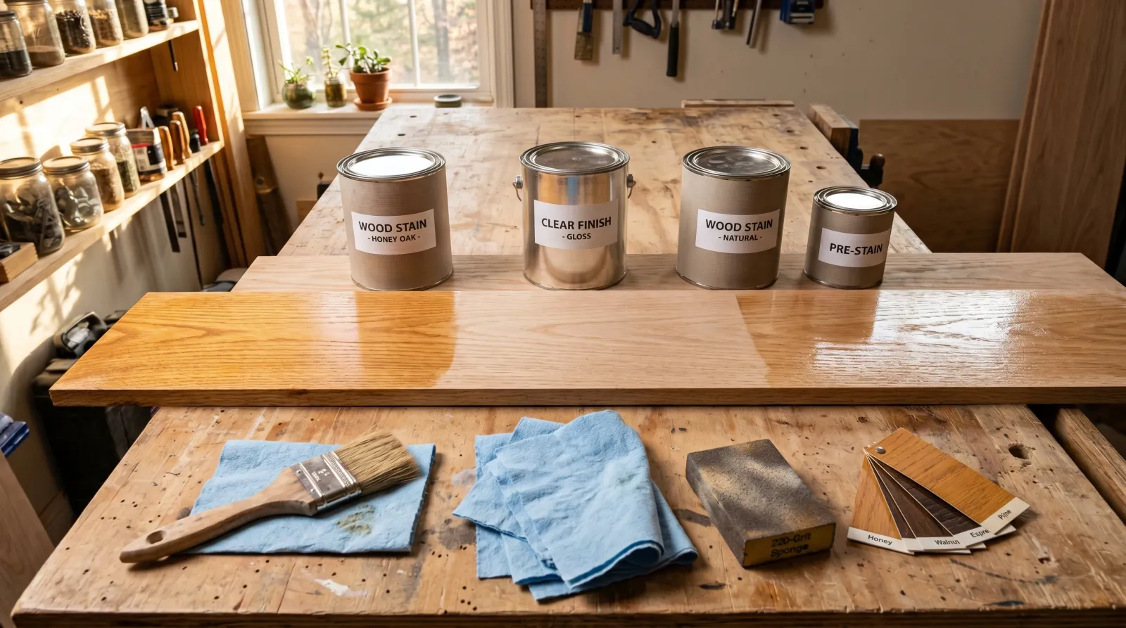 Refinishing workbench staged with stain and polyurethane cans, raw and stained oak boards, brush, rag, and sanding sponge in warm afternoon light