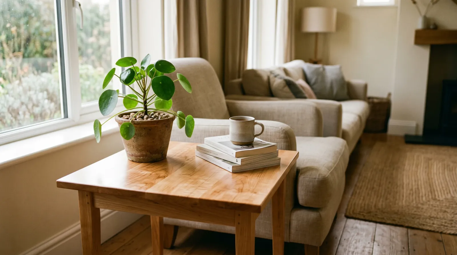 Sunlit living room with a freshly clear-coated maple side table showing smooth satin wood grain