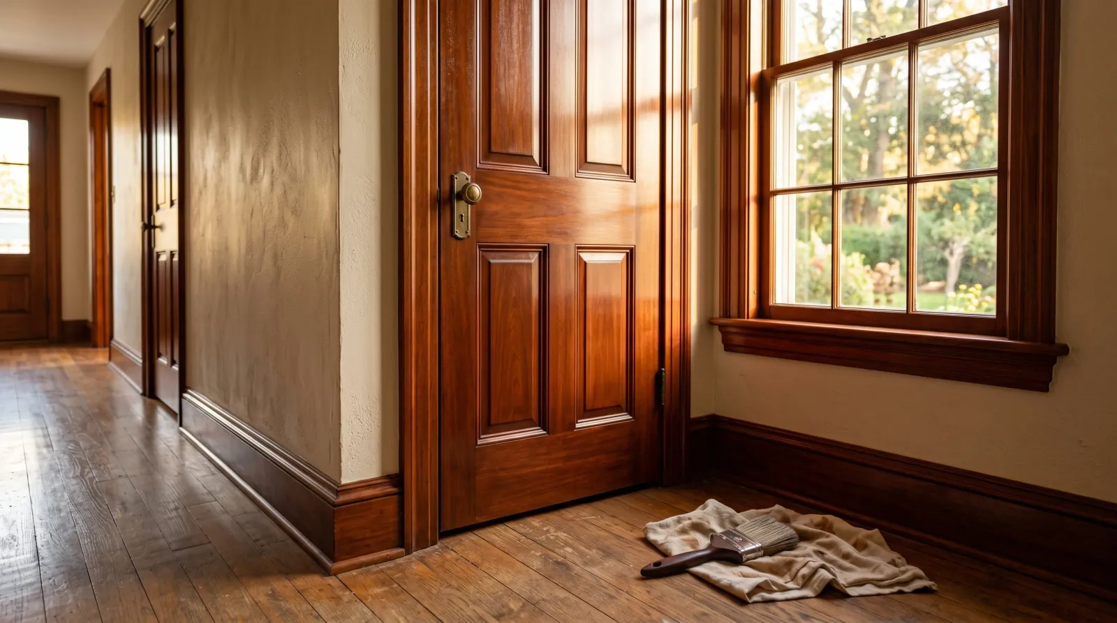 Freshly refinished mahogany-toned interior door and trim in warm afternoon light, a brush resting on a rag in the foreground