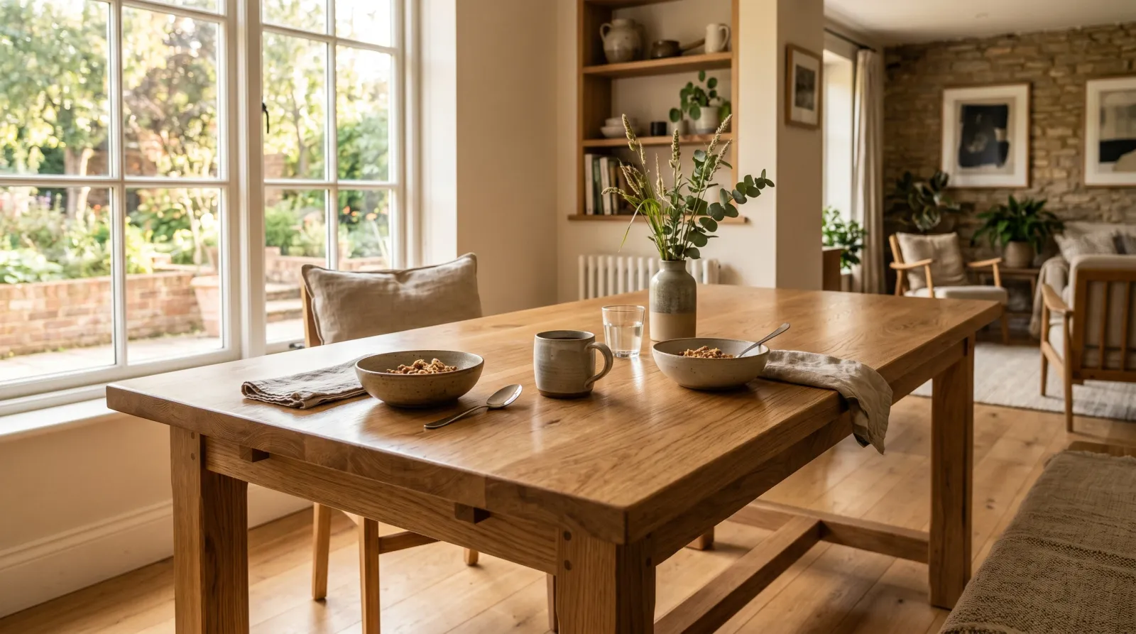 Freshly finished oak dining table with a warm clear topcoat catching soft morning light in a breakfast room