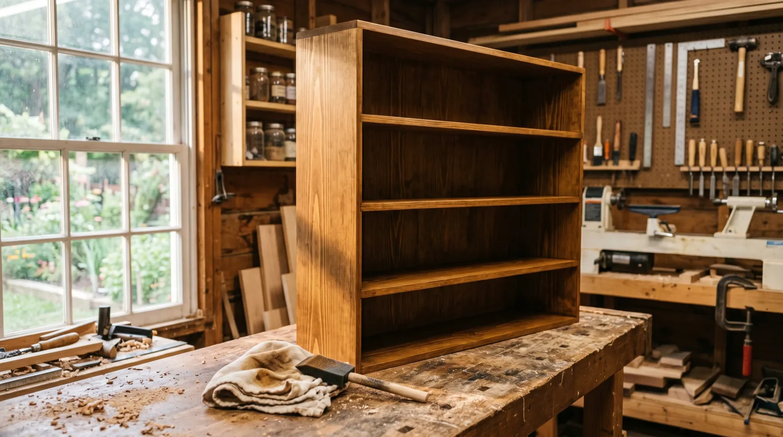 Freshly stained pine bookshelf with even, blotch-free color standing in a sunlit workshop, with a rag and foam brush on the workbench in the foreground