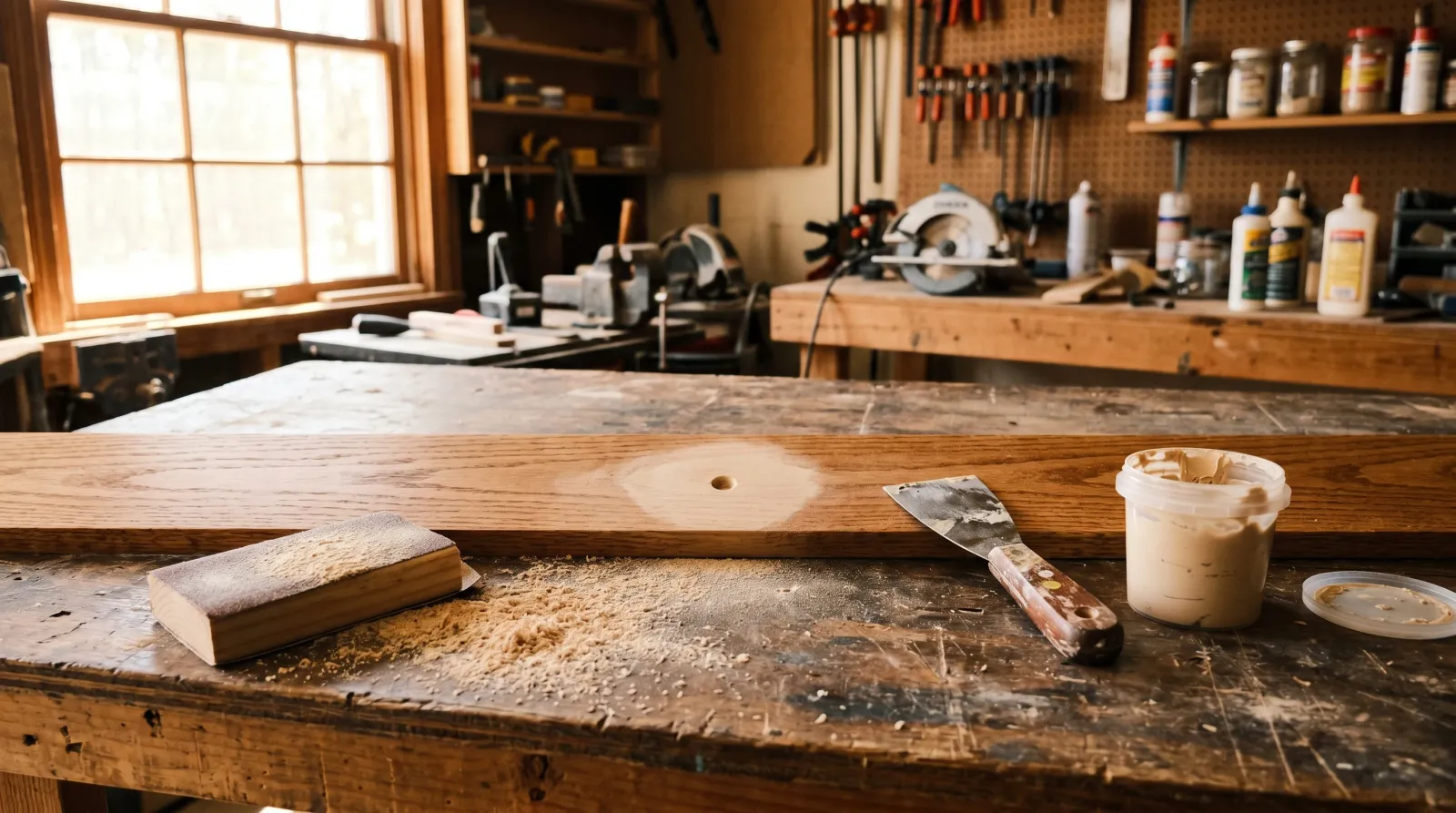 Stained oak trim board with a sanded-smooth patched nail hole on a sunlit workbench, putty knife and filler tub nearby