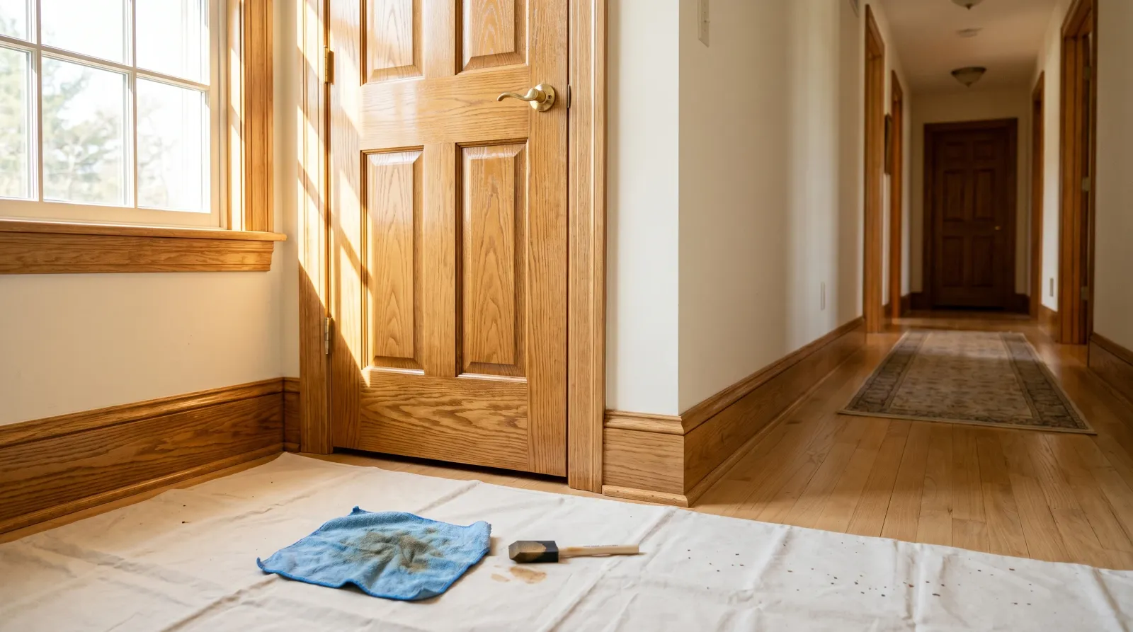 Freshly stained light-oak door and baseboard trim in a sunlit hallway, staining cloth and foam brush on a drop cloth in the foreground