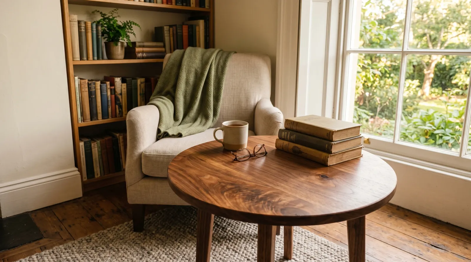 Hand-rubbed wooden side table with a soft satin clear finish catching warm afternoon light in a cozy reading corner