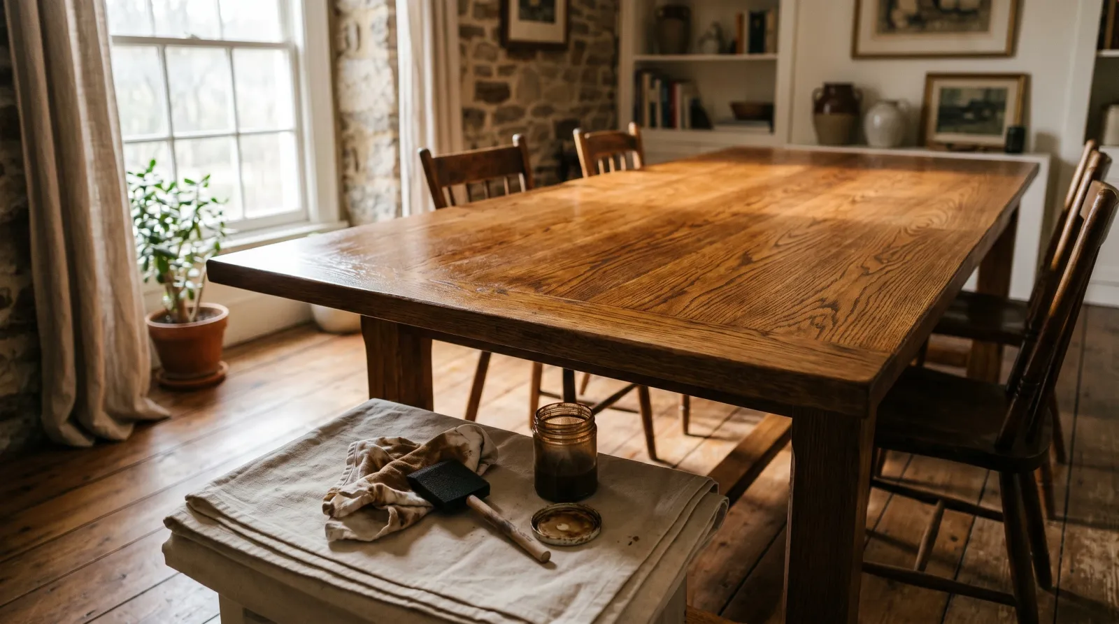 Freshly stained warm-walnut oak dining table glowing in raking morning light, with a rag and foam brush on a drop cloth in the foreground