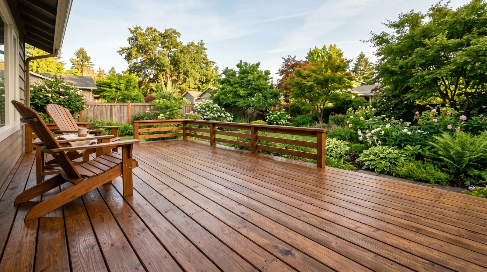 Freshly stained cedar backyard deck with rich visible wood grain in warm morning light, wooden chairs and a green garden beyond