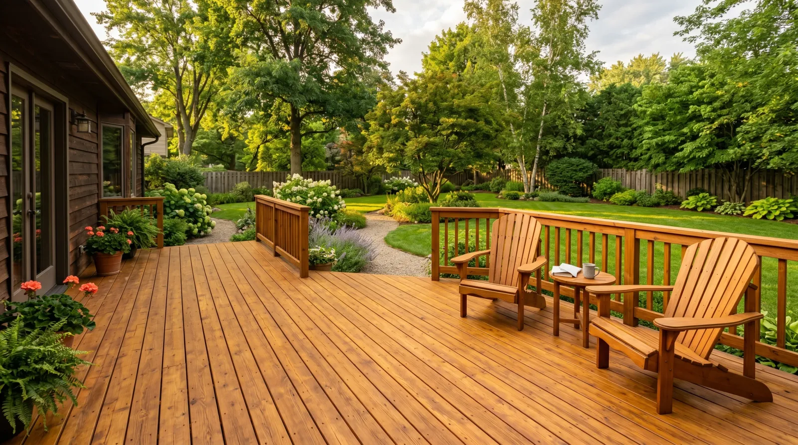 Freshly stained cedar backyard deck with visible wood grain in warm afternoon light, wooden chairs and a green yard beyond