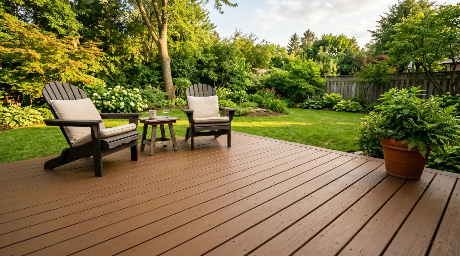 Backyard wood deck coated in a solid brown textured resurfacer finish with Adirondack chairs in late daylight