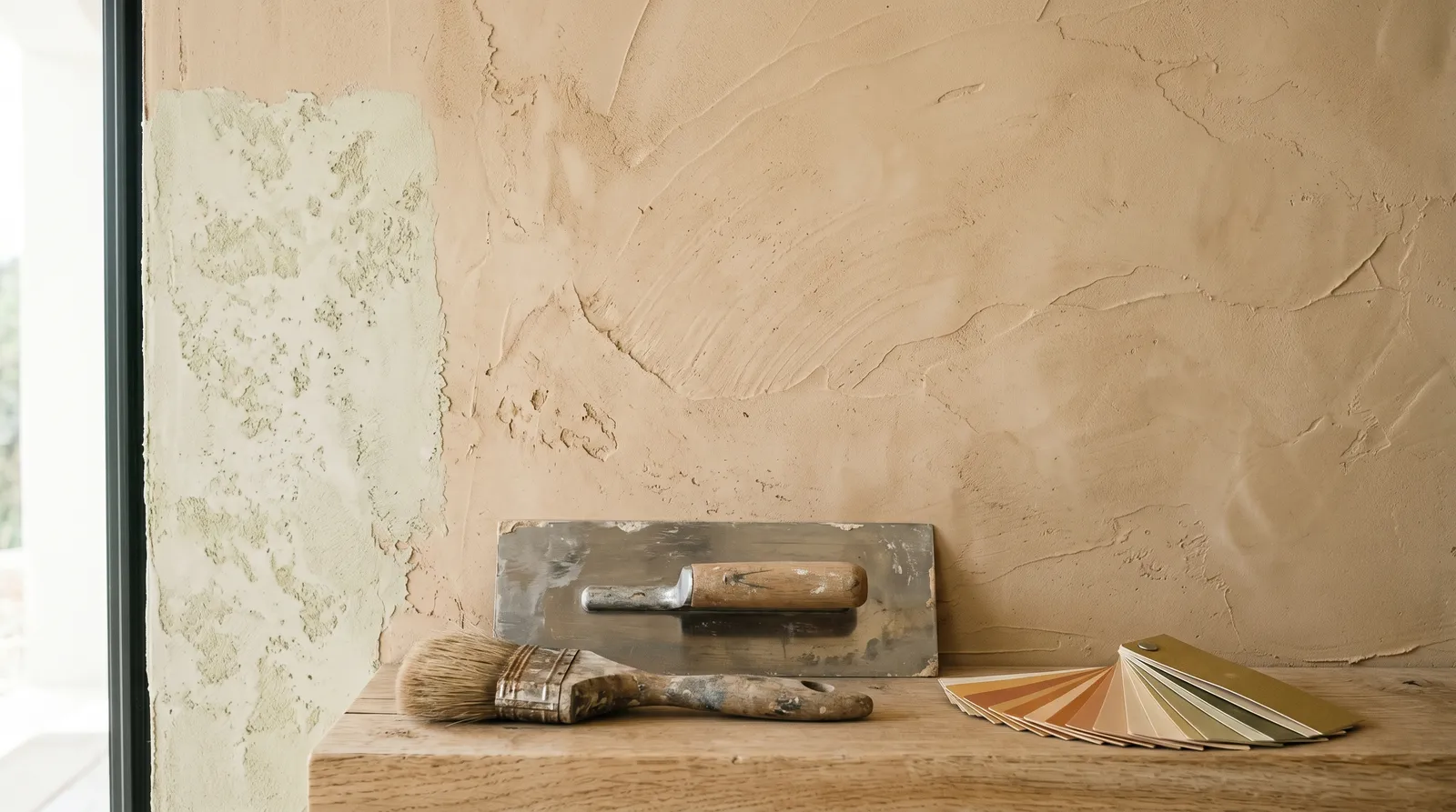 A hand-troweled clay-plaster wall in warm beige beside a mottled lime-washed swatch, with a trowel, stain brush, and earthy color strips on an oak ledge