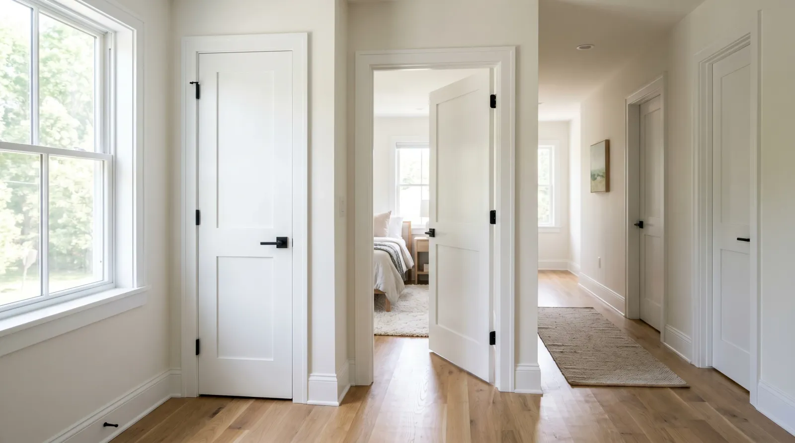 Bright daylit hallway with freshly painted white doors and trim, hardwood floor, morning light from a side window