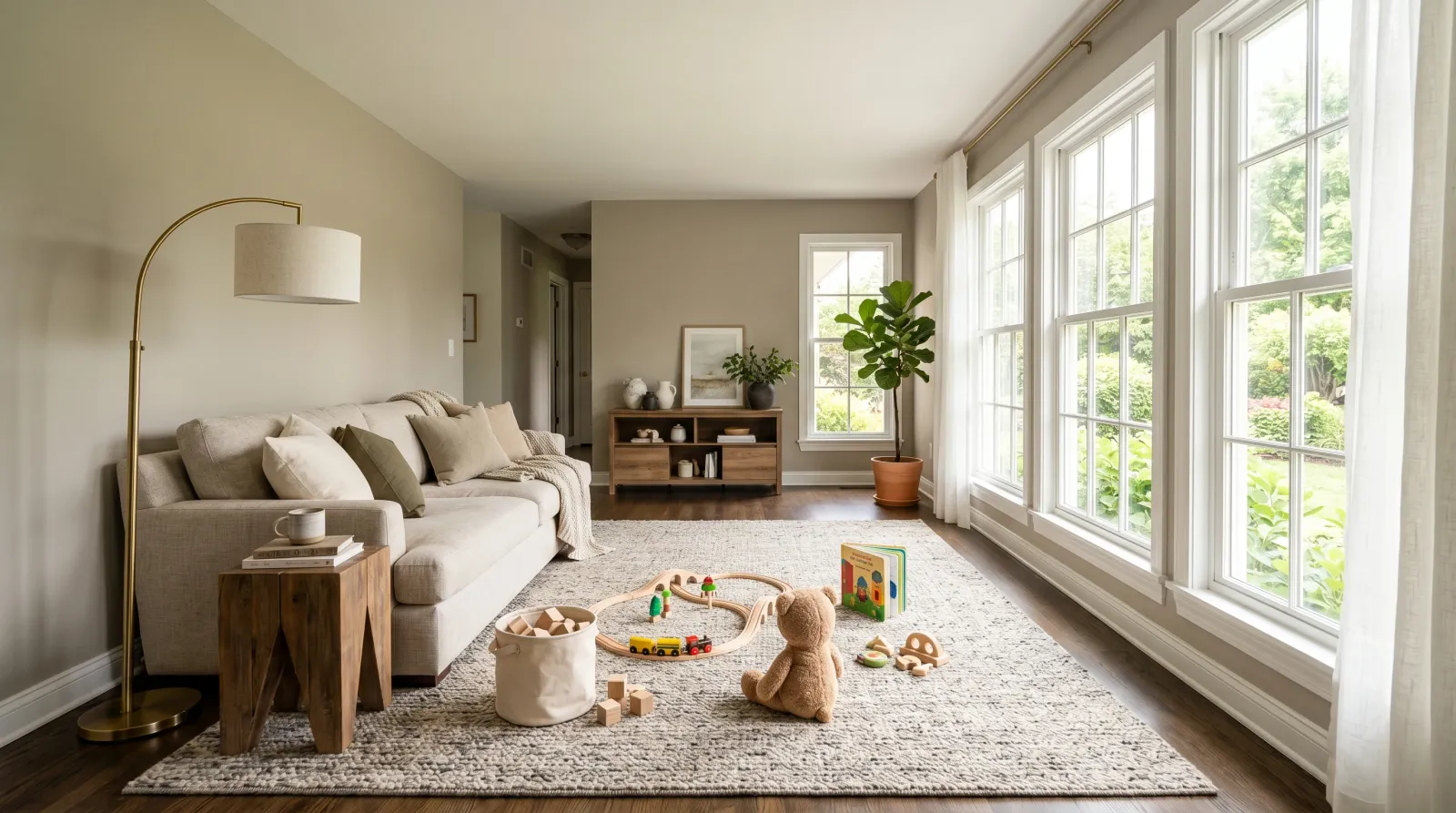 Sunlit living room with freshly painted soft greige walls and morning daylight from tall windows