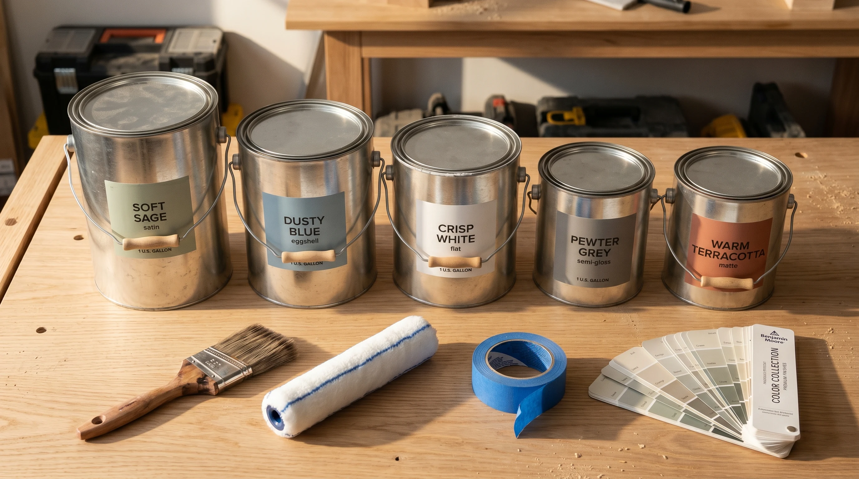 Five paint cans staged on a workbench with a brush, roller cover, painter's tape, and a fan of color-deck strips