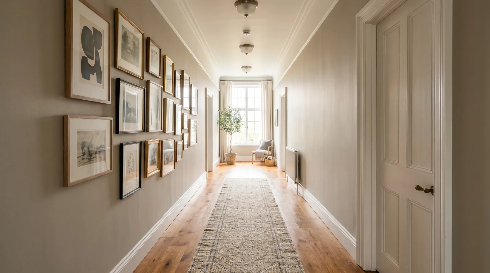 Sunlit hallway with warm greige eggshell walls, framed art, and a runner rug on hardwood floor