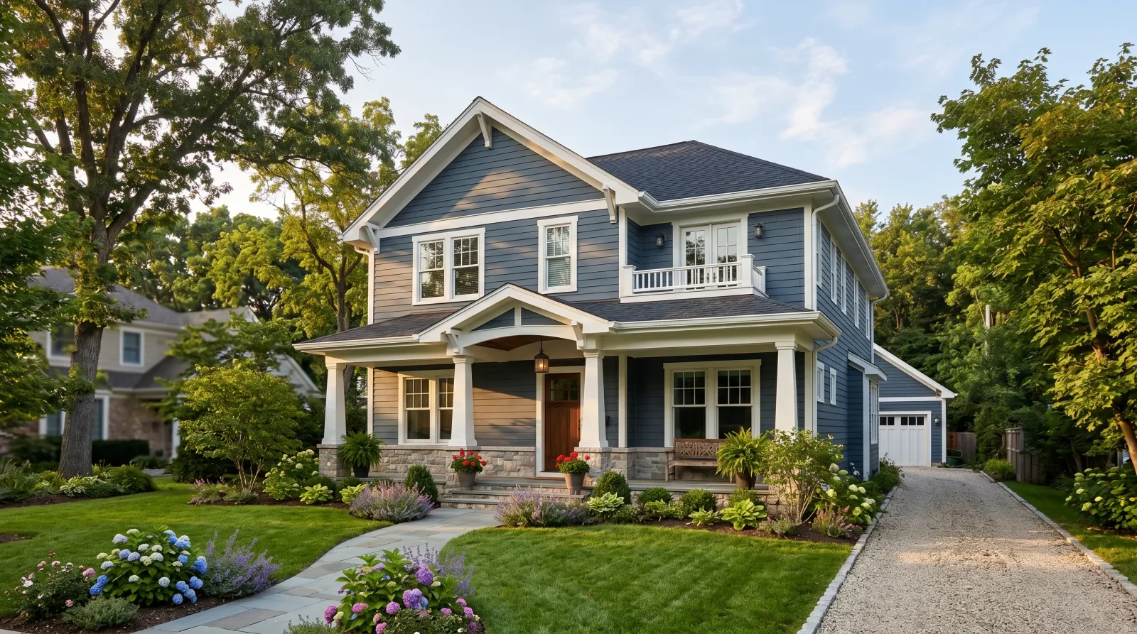 Two-story craftsman house with freshly painted deep slate-blue lap siding and white trim in raking afternoon light