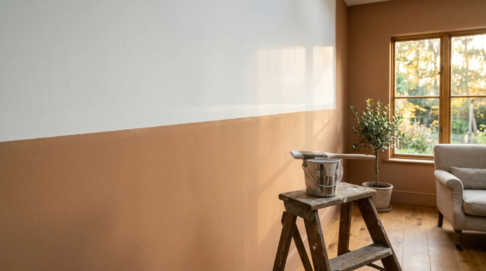 Razor-straight cut-in line where a white ceiling meets a warm clay wall in raking afternoon light, an angular brush resting on a step stool below