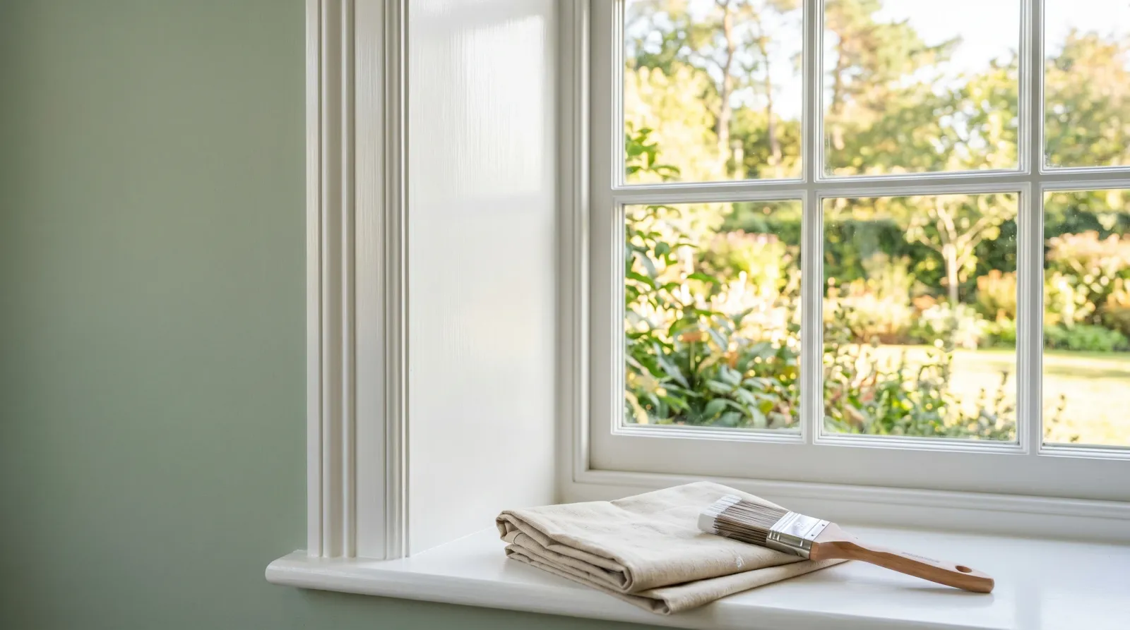 Freshly painted white window casing with a crisp cut-in line against a soft sage wall in morning light, angular brush resting on the sill
