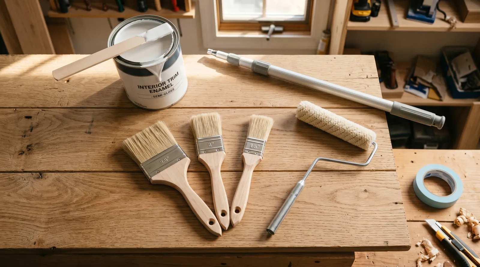 Painter's bench staged with three angled sash brushes, a roller frame, mini-roller cover, extension pole, and an open quart of trim enamel in raking morning light