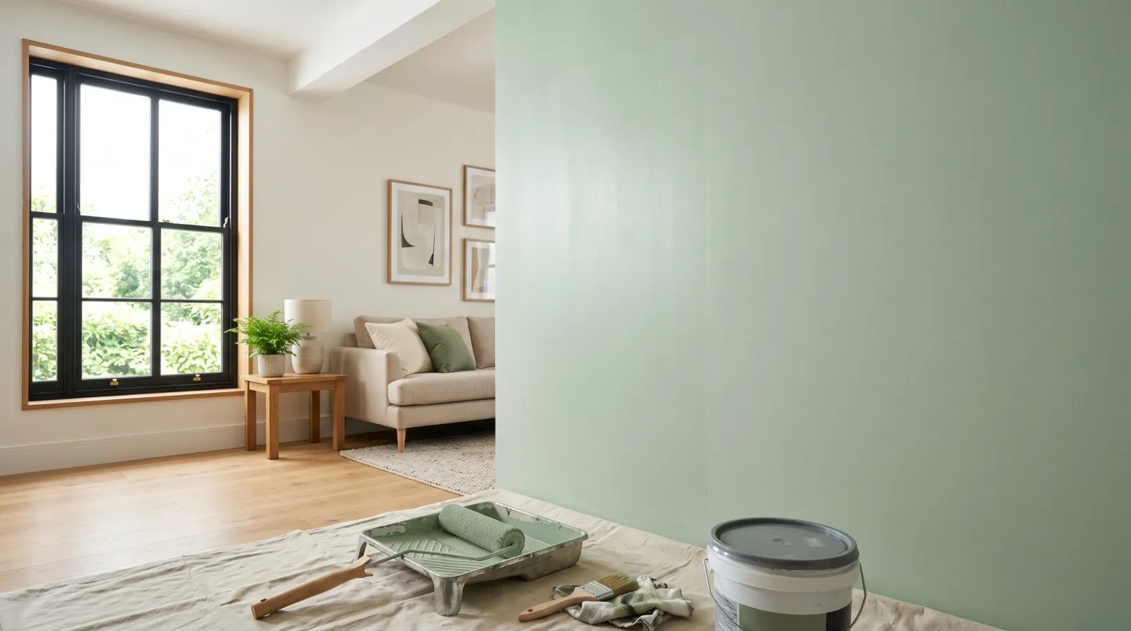 Sunlit living room wall freshly rolled in soft sage green with a smooth even finish, roller and tray on a drop cloth in the foreground