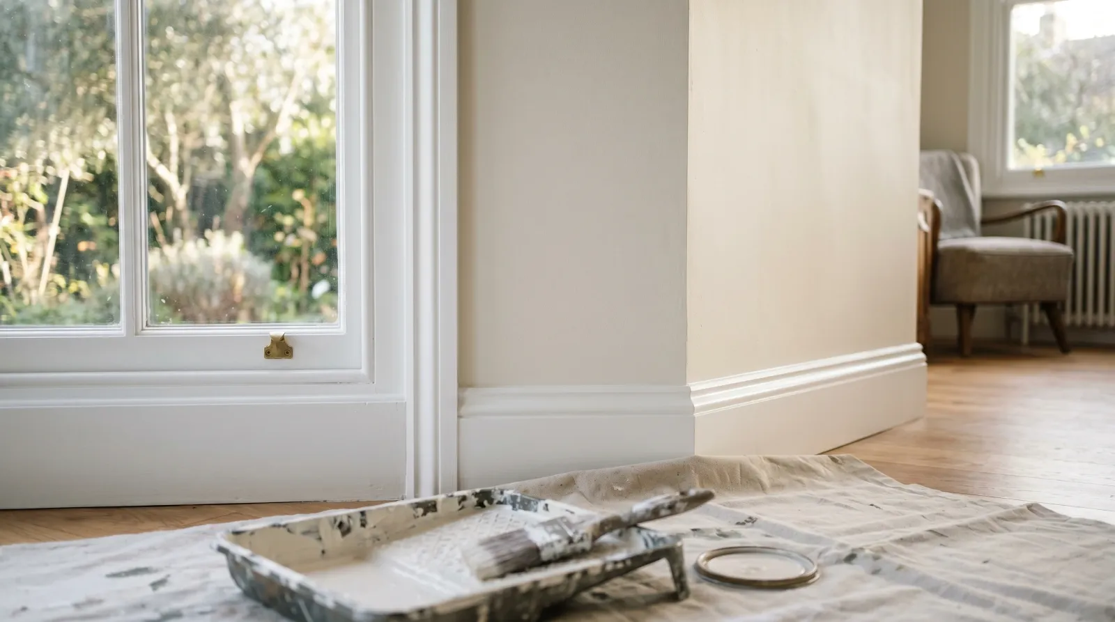 Freshly cut-in corner where a warm white wall meets crisp white window trim, clean paint line in raking morning light