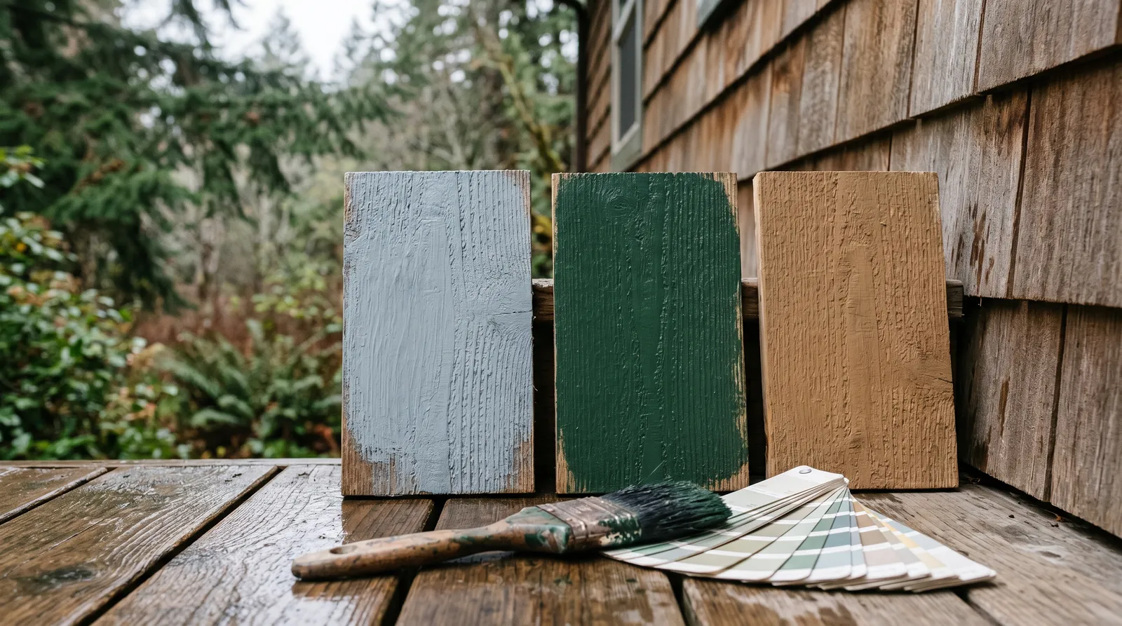 Three Pacific Northwest paint swatches on board samples against a cedar wall, with a brush and color-deck strips on a wood deck
