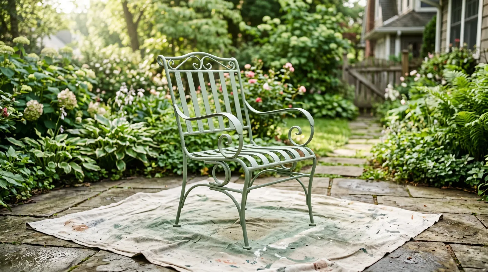 Freshly spray-painted sage-green vintage metal patio chair drying on a drop cloth in a sunlit backyard