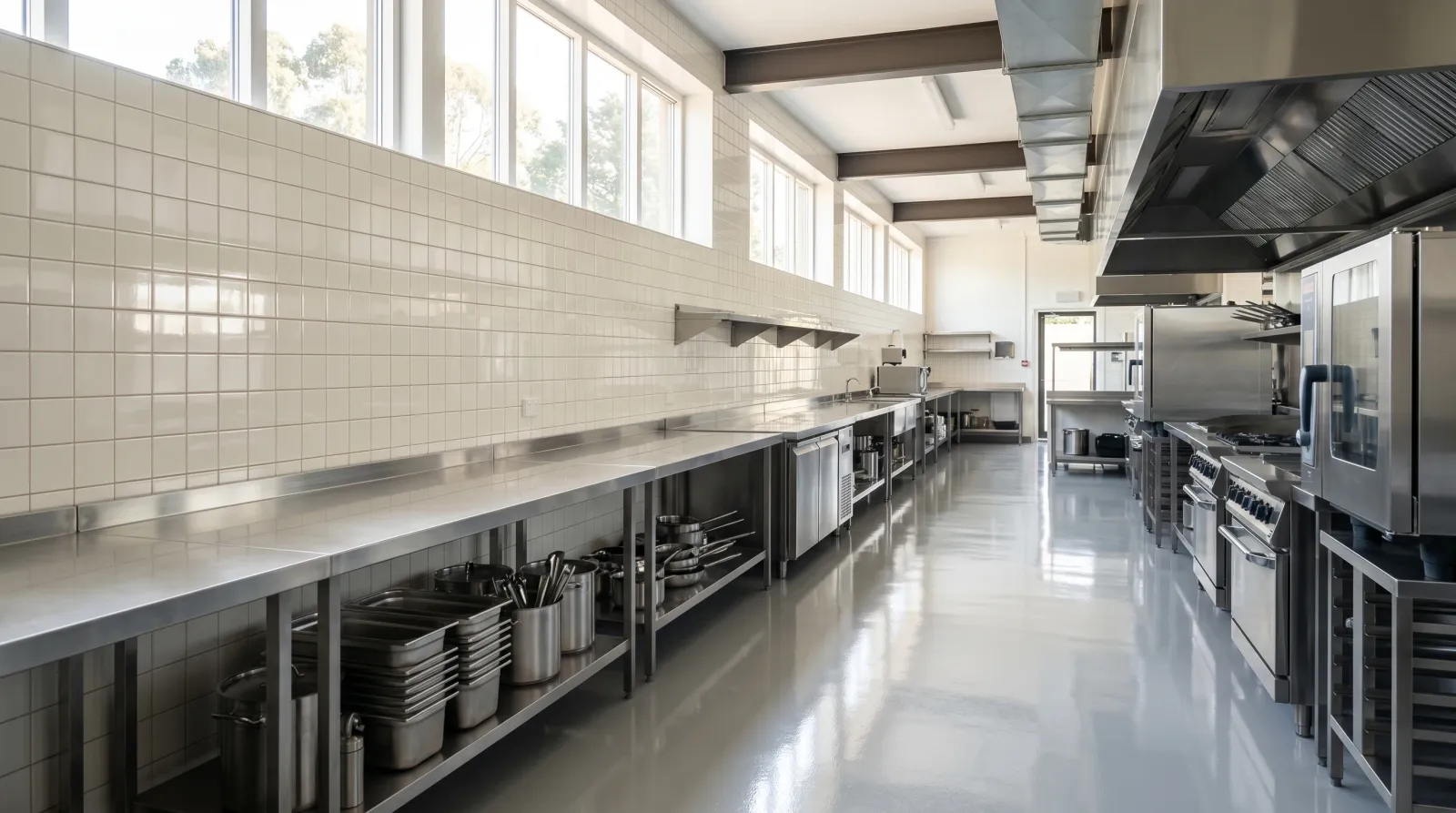 Bright commercial kitchen with a freshly recoated glazed-tile wall and glossy seamless floor, stainless prep tables along one side