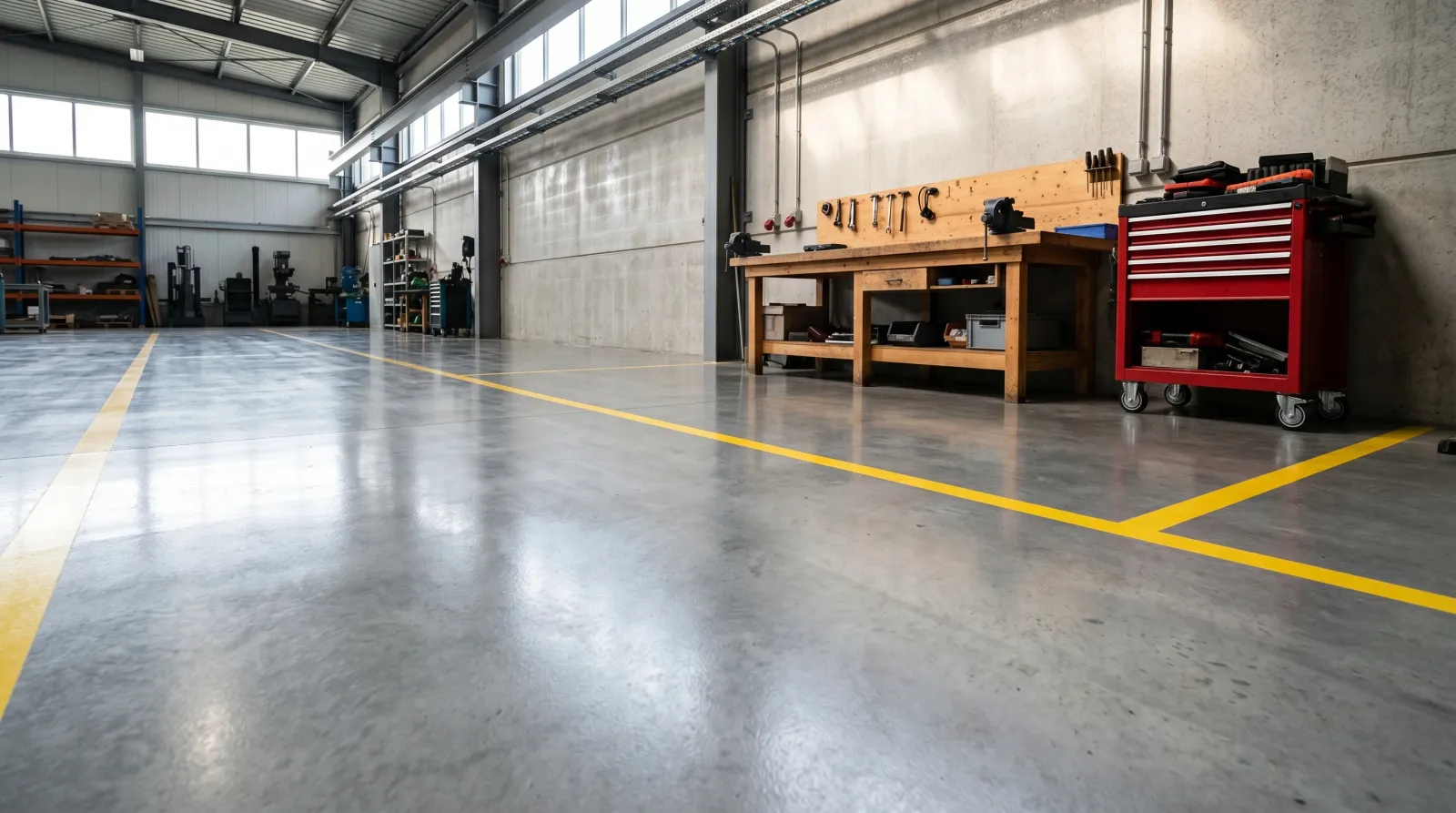 Freshly coated satin-finish concrete workshop floor with yellow line markings reflecting daylight from high windows