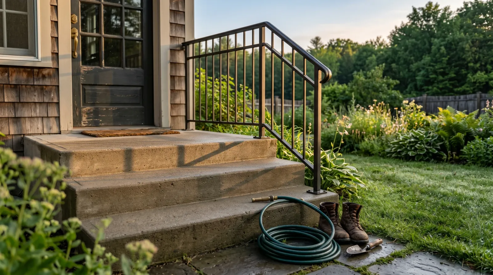 Exterior concrete porch steps with a faint matte anti-slip texture on the treads, metal handrail to the right, early-morning side light