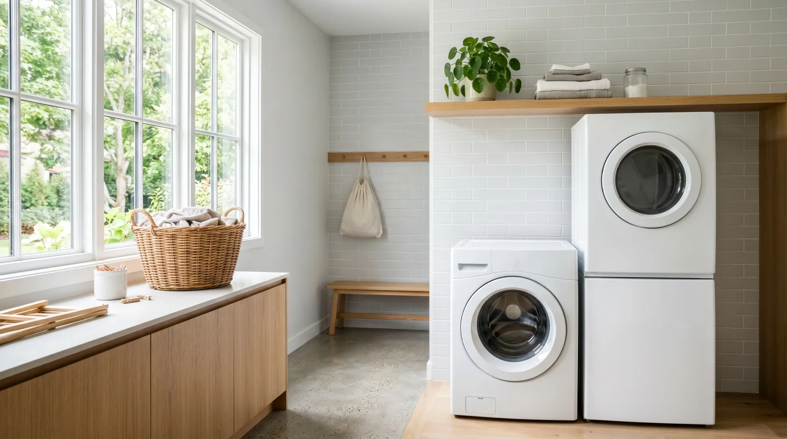 Bright laundry room with a glossy refinished white washer and dryer in morning daylight