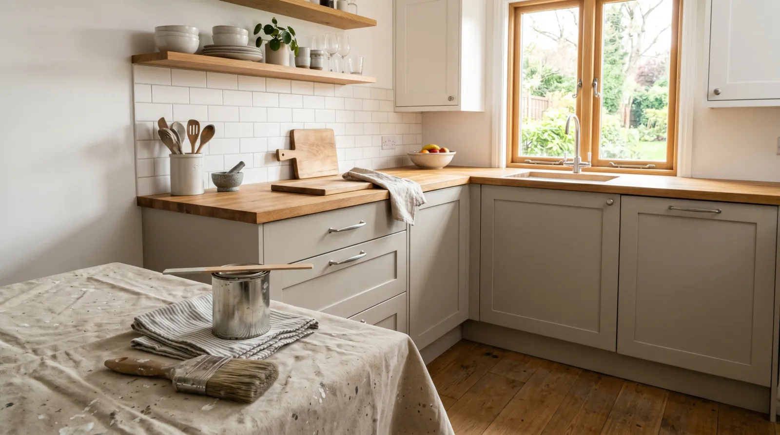 Small kitchen with freshly recoated soft greige cabinets in warm morning light, a brush and rag on a drop cloth in the foreground