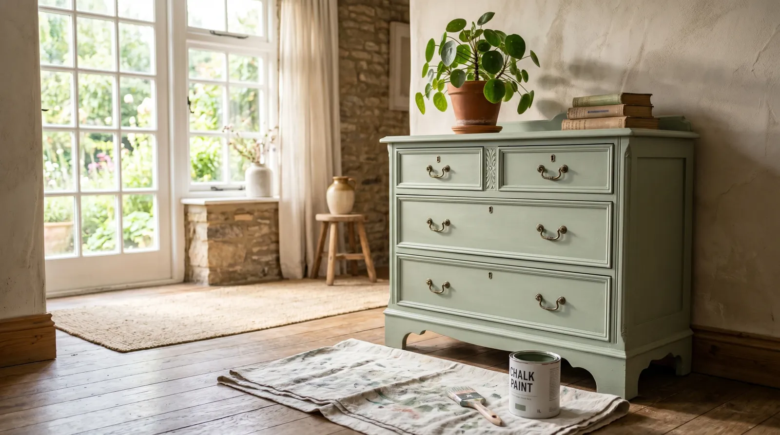 A vintage dresser freshly painted in soft sage-green matte chalk finish, in a sunlit room with a brush and open can on a drop cloth in the foreground