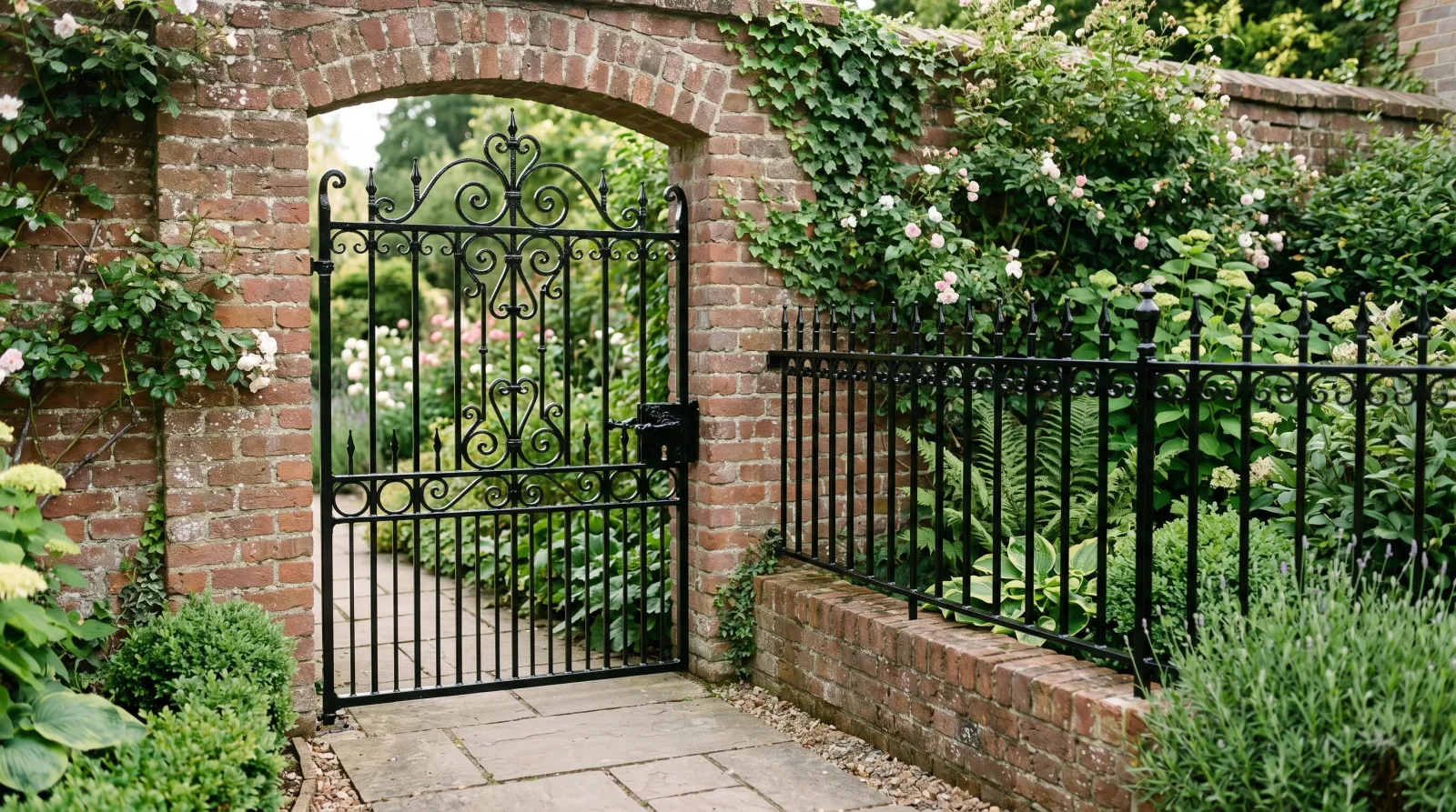 Freshly repainted glossy black wrought-iron gate and railing set in a brick wall, lit by raking morning daylight