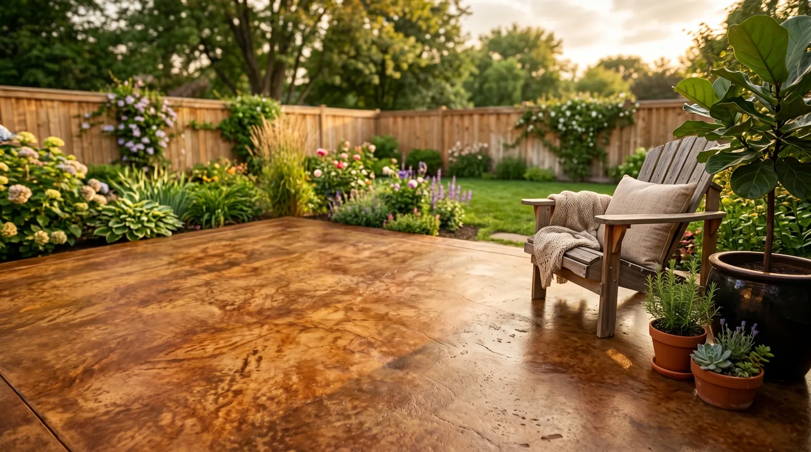 Freshly stained backyard concrete patio in a warm mottled earth-brown tone, raking afternoon light showing the natural marbled variation