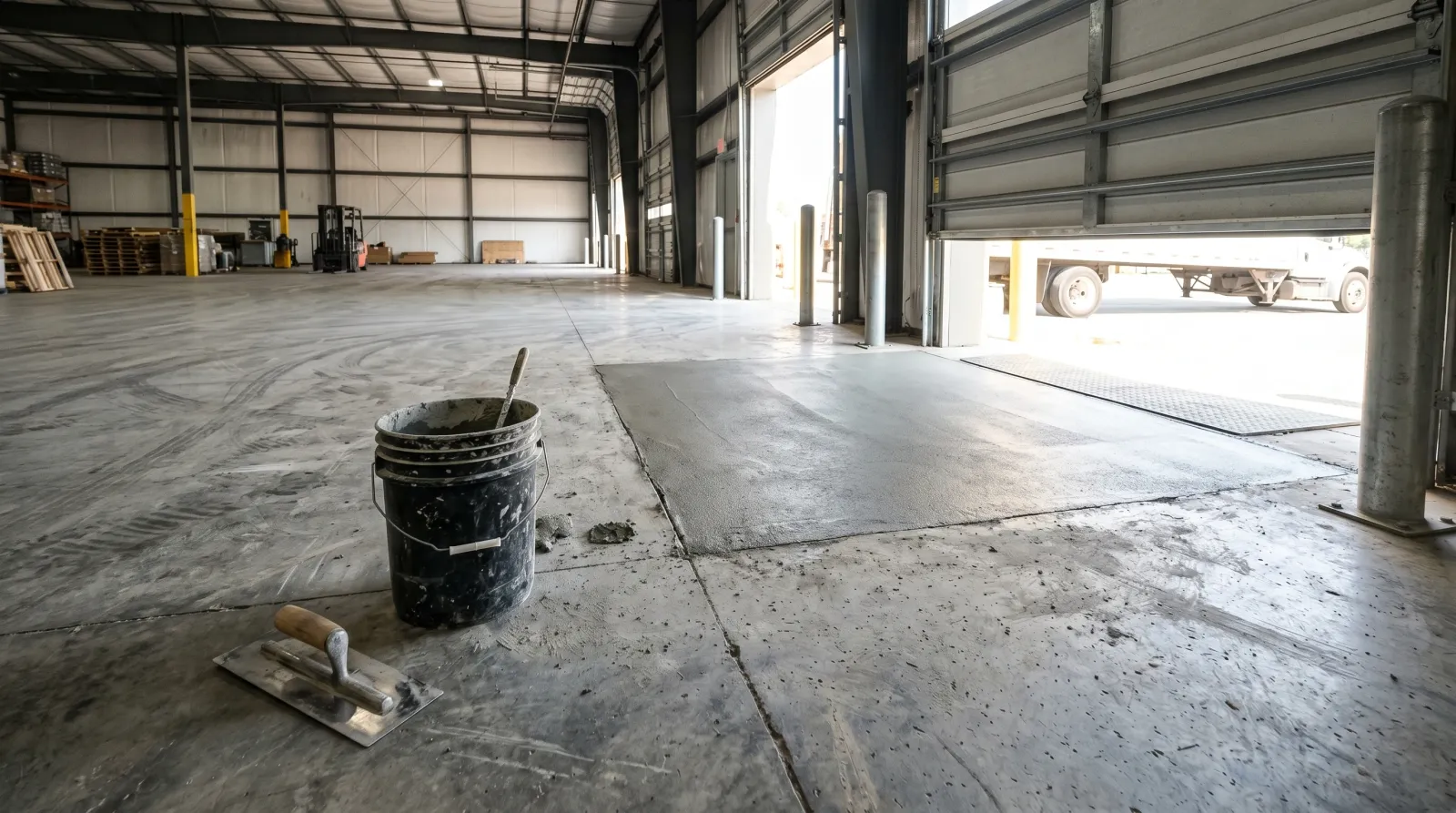Freshly repaired grey concrete patch blended flush into an older warehouse slab near a loading-dock door, trowel and bucket in the foreground