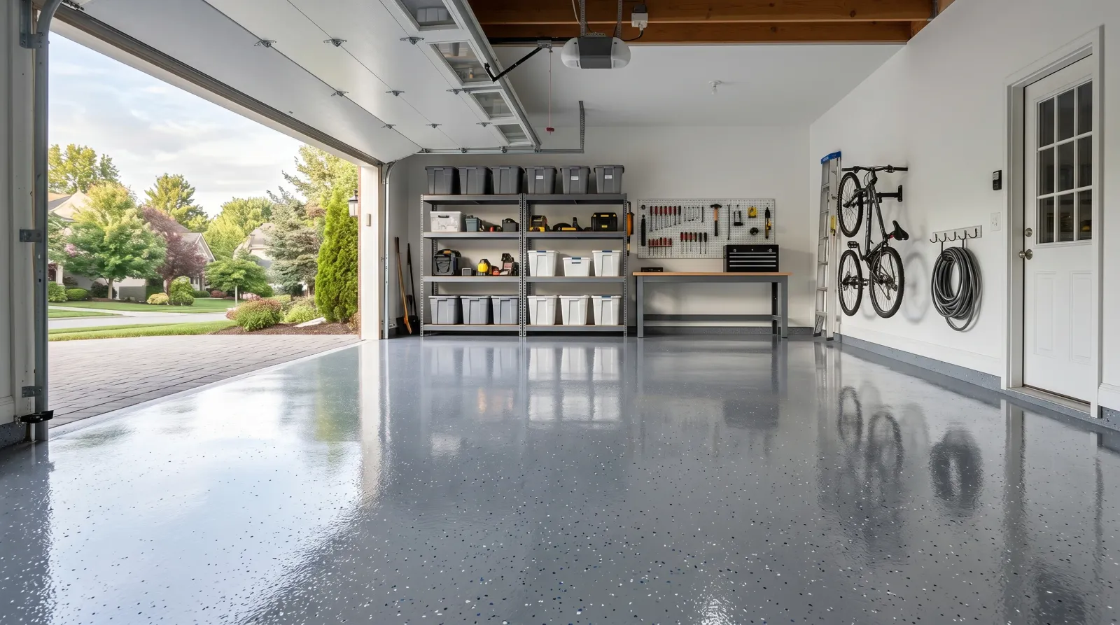 Clean two-car garage with a freshly coated high-gloss gray concrete floor and decorative flecks, daylight from an open door