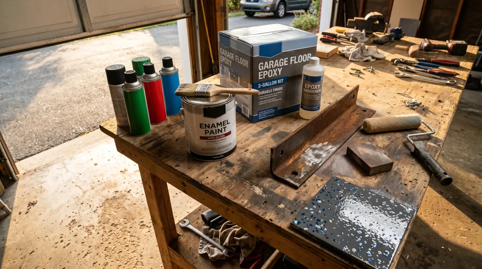Garage workbench in afternoon light with spray cans, a quart enamel, a two-part epoxy kit, a half-sanded rusted bracket, and a glossy epoxy test square on the concrete floor