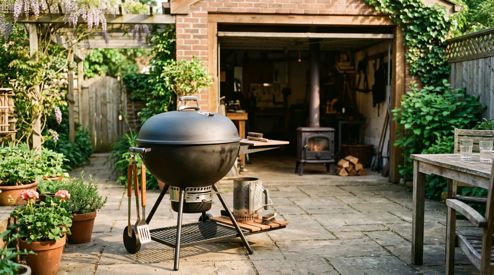 Freshly refinished matte-black charcoal grill on a sunlit backyard patio in late afternoon light