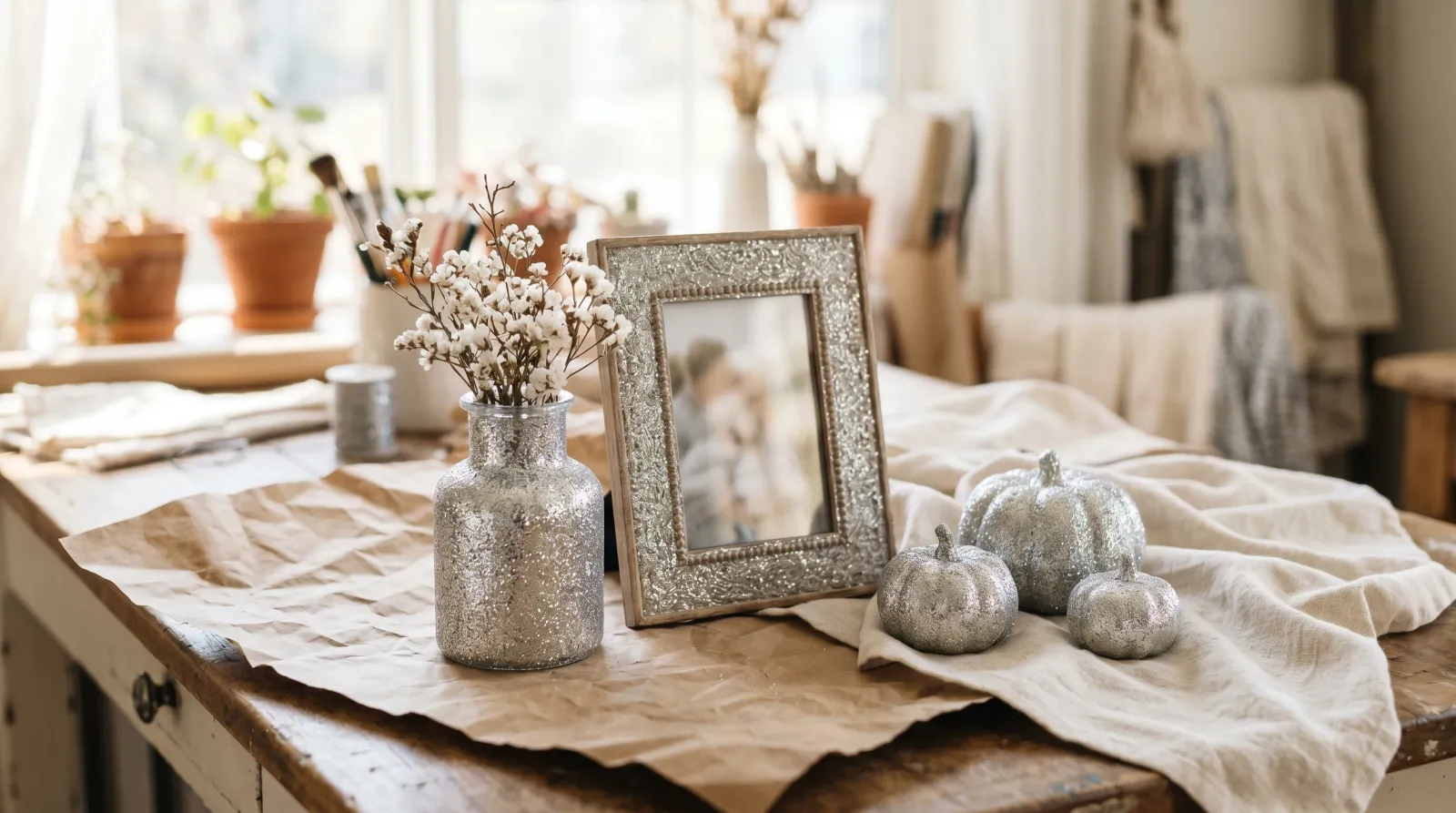 Glass vase, wooden frame, and small ceramic pumpkins finished in an even silver glitter coat on a craft table in daylight