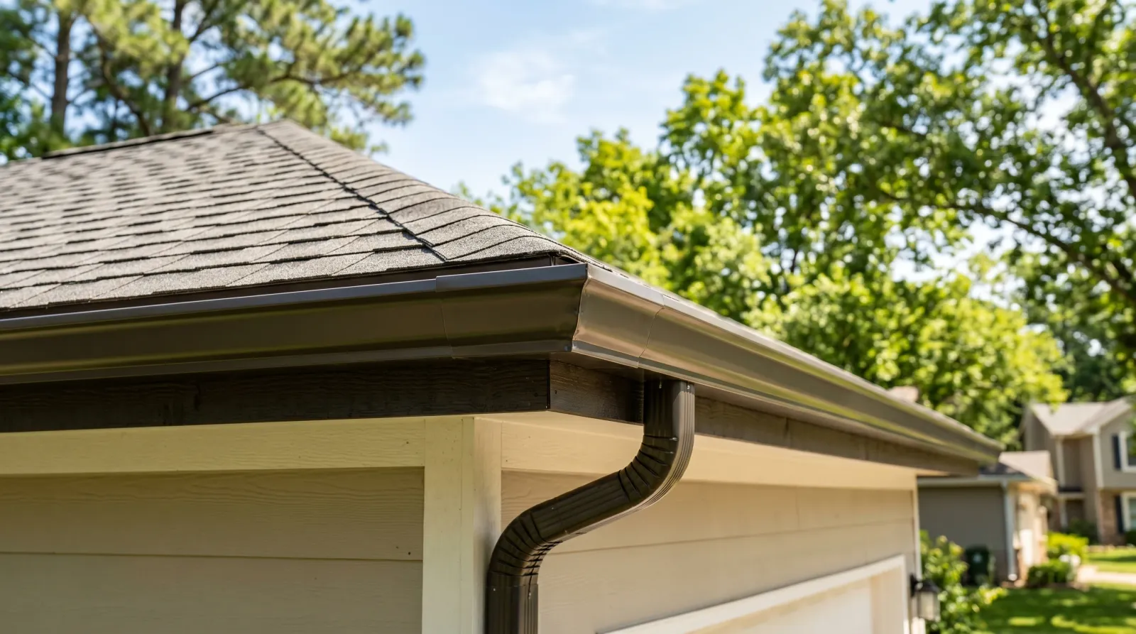 Sunlit residential aluminum rain gutter with a cleanly sealed seam at a downspout joint along a shingled roofline