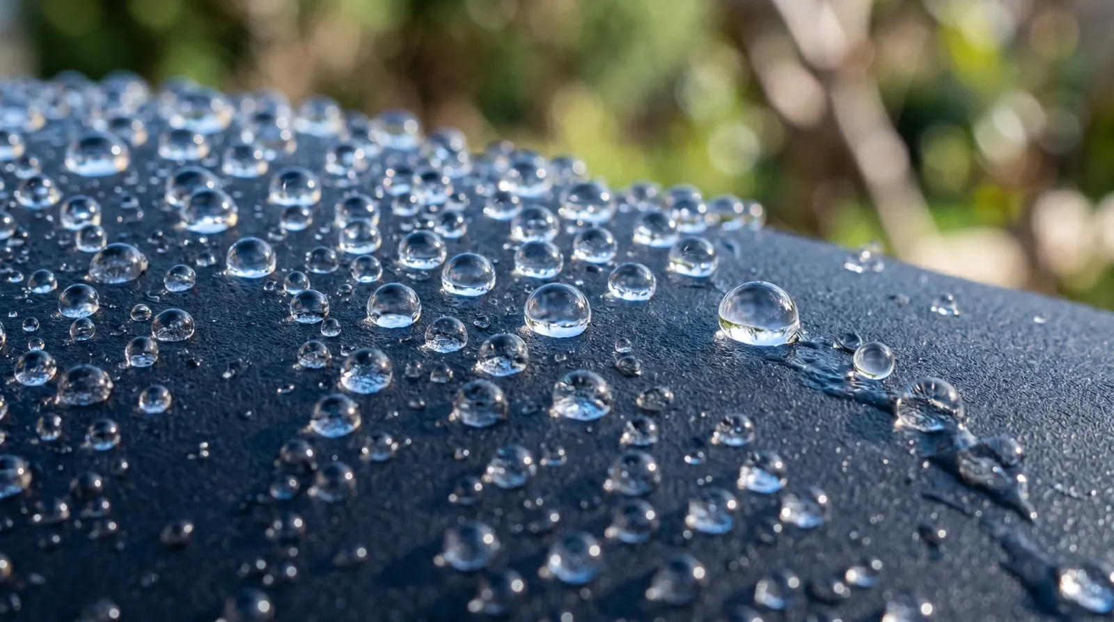 Water droplets beading into round spheres and rolling off a treated dark surface in daylight