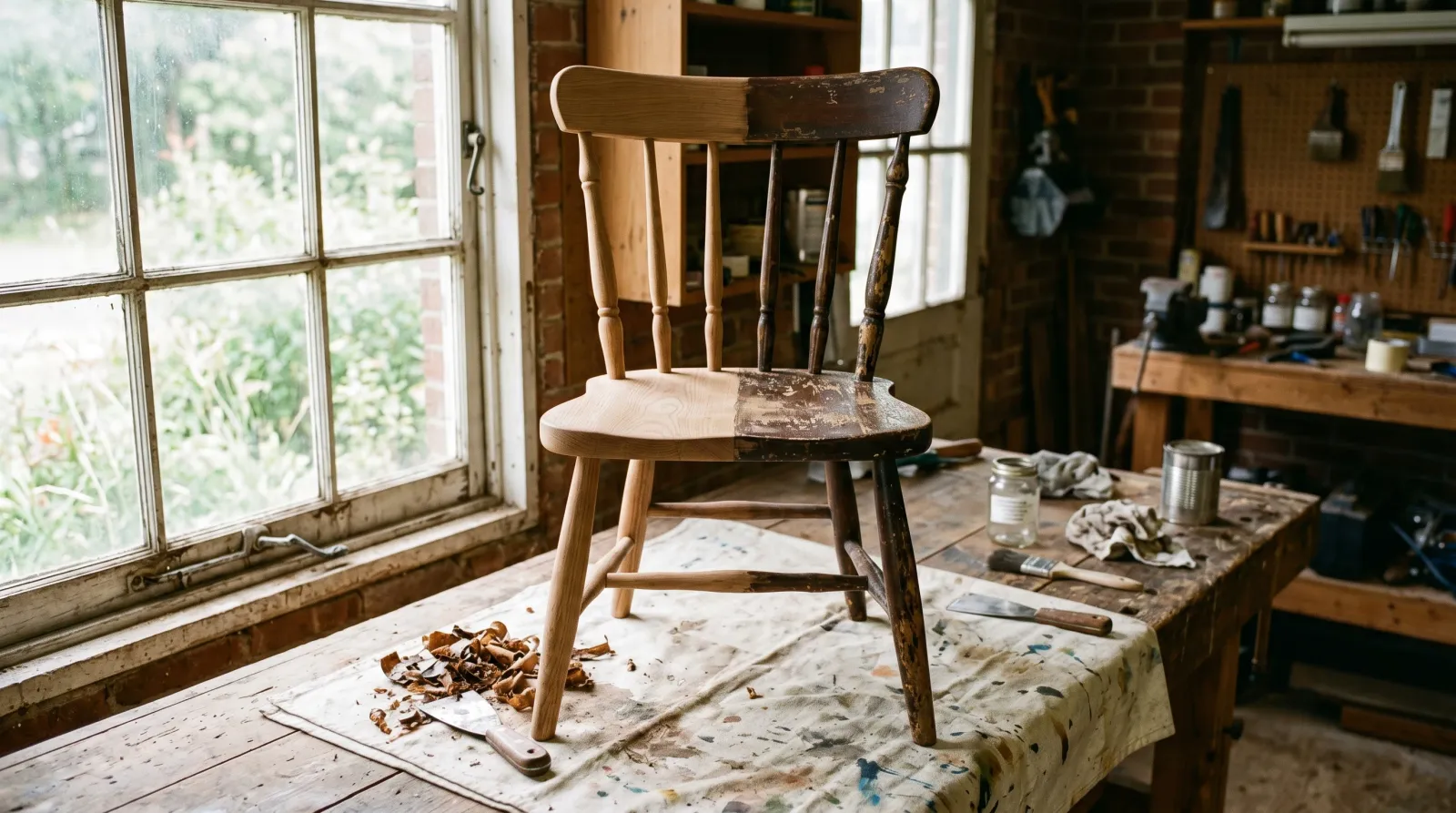 Old wooden chair on a workbench, half stripped to bare oak and half still in dark peeling varnish, with a putty knife and curls of softened finish on a drop cloth