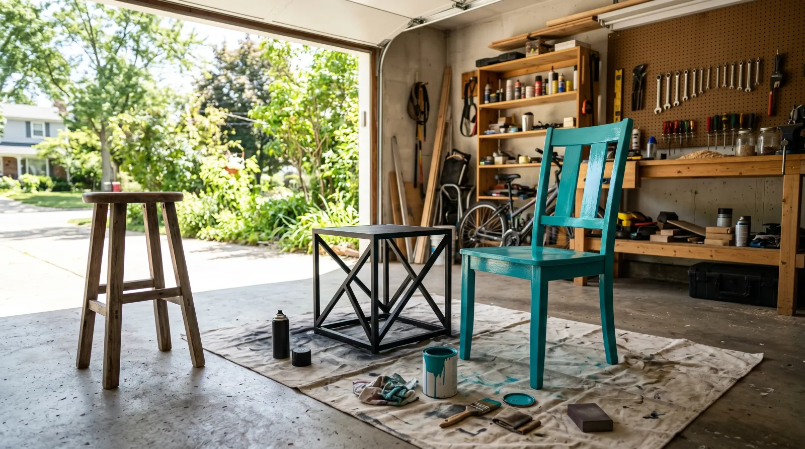 Freshly spray-painted black metal side table and glossy teal chair drying on a drop cloth in a sunlit open garage