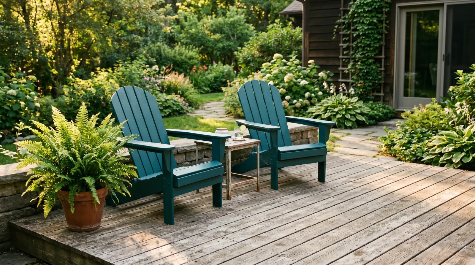 Two freshly repainted plastic Adirondack chairs in deep teal on a sunlit wood patio in late-afternoon light