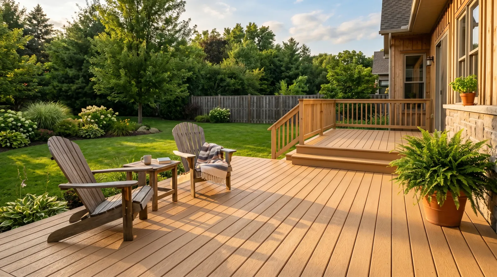 Backyard wood deck resurfaced in a warm tan textured coating in late-afternoon light, with Adirondack chairs and a potted plant