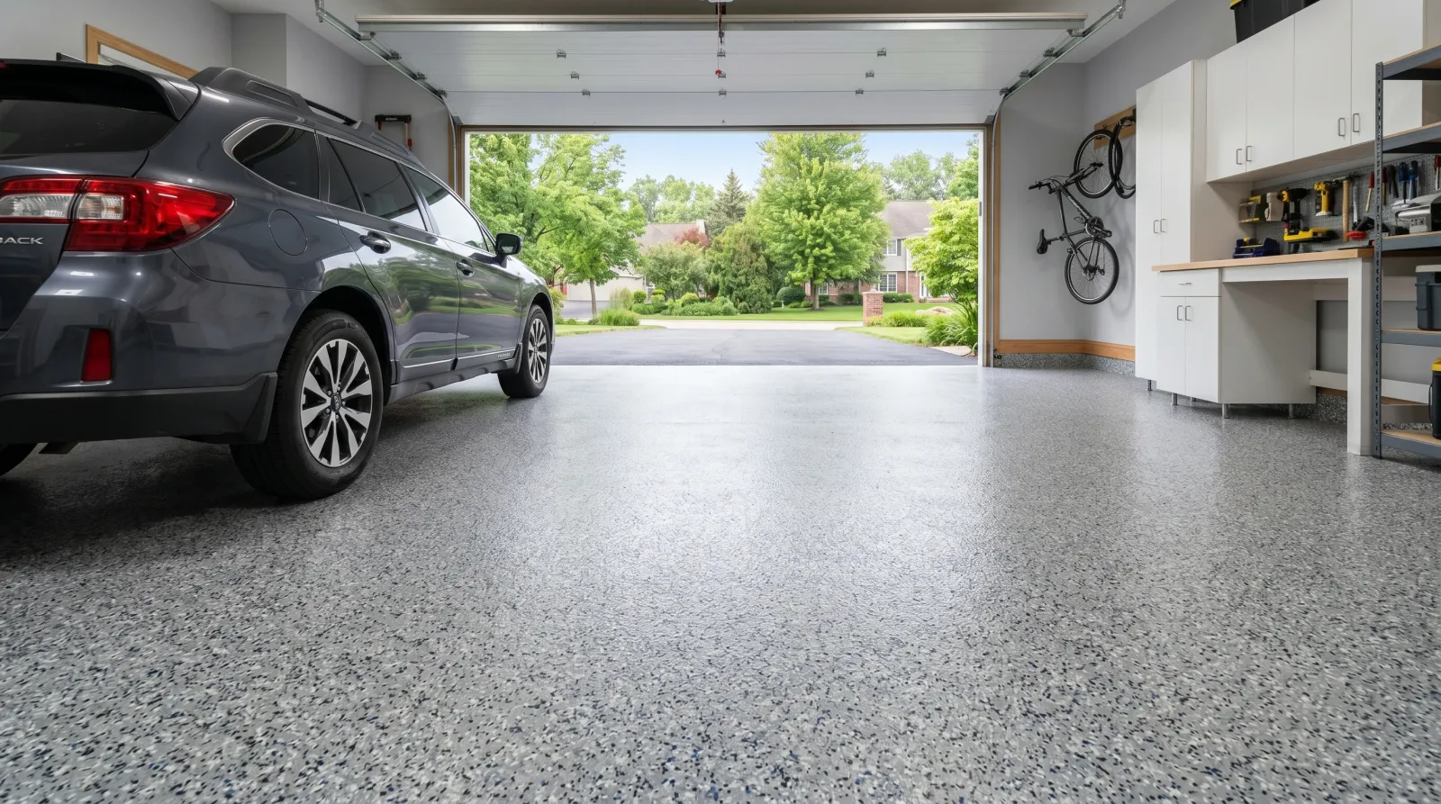 Freshly coated speckled gray garage floor in a clean two-car garage with morning daylight from the open door